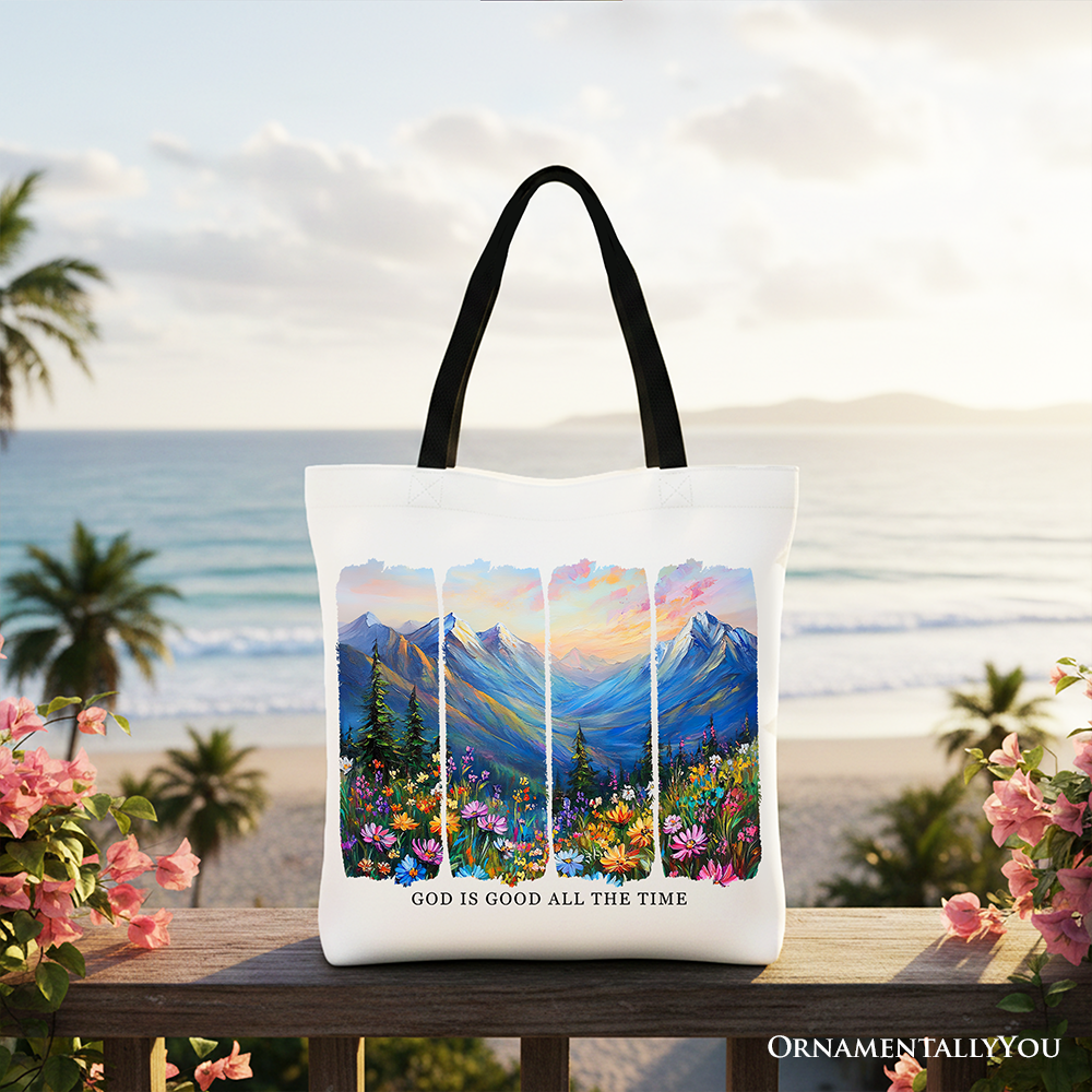 God Is Good All the Time Mountain Christian Canvas Tote Bag, Wildflower Brushstroke Bible Verse Faith Gift Shopper