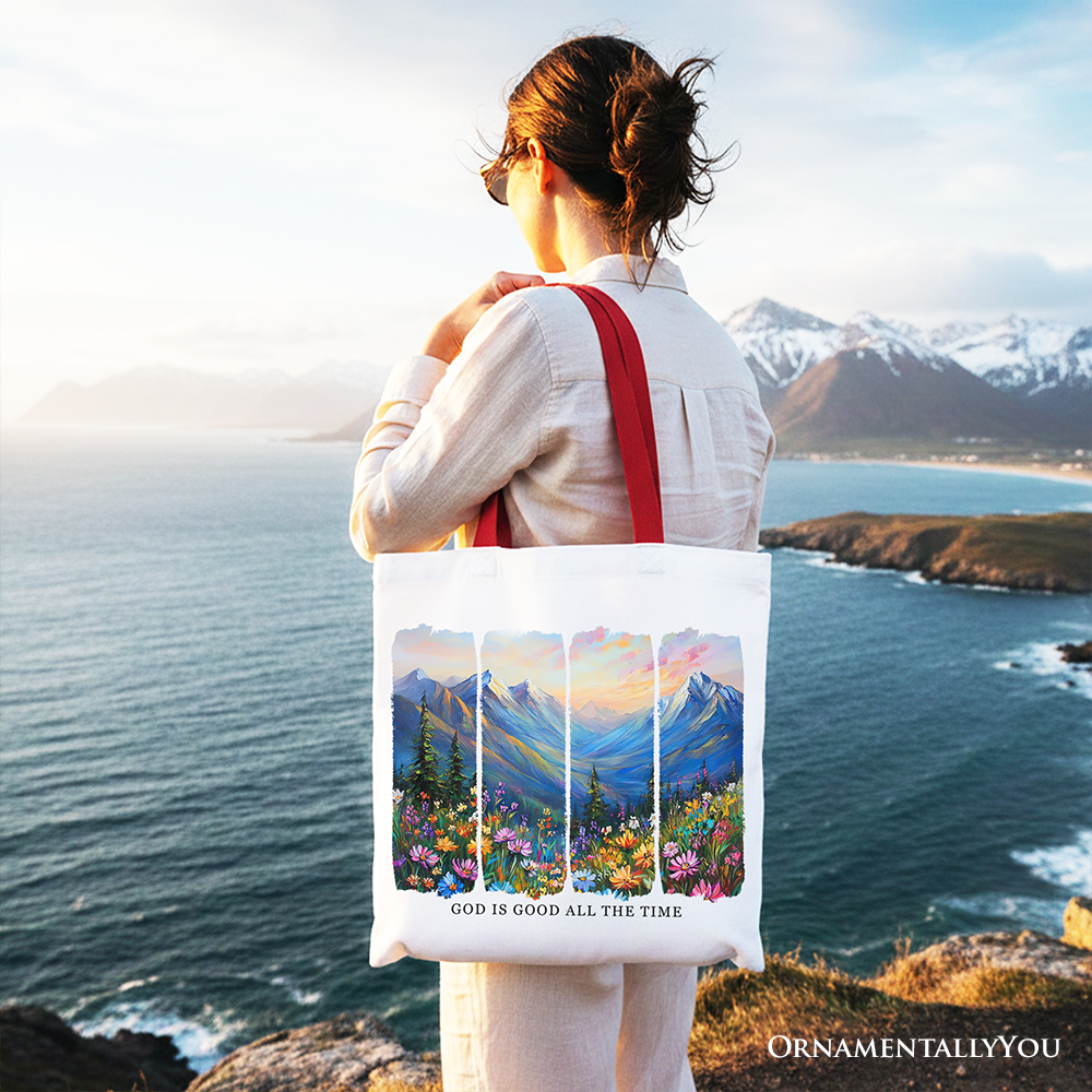 God Is Good All the Time Mountain Christian Canvas Tote Bag, Wildflower Brushstroke Bible Verse Faith Gift Shopper