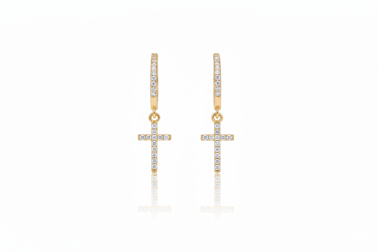 Cross Huggie Hoop Earrings with Dazzling CZ Diamonds
