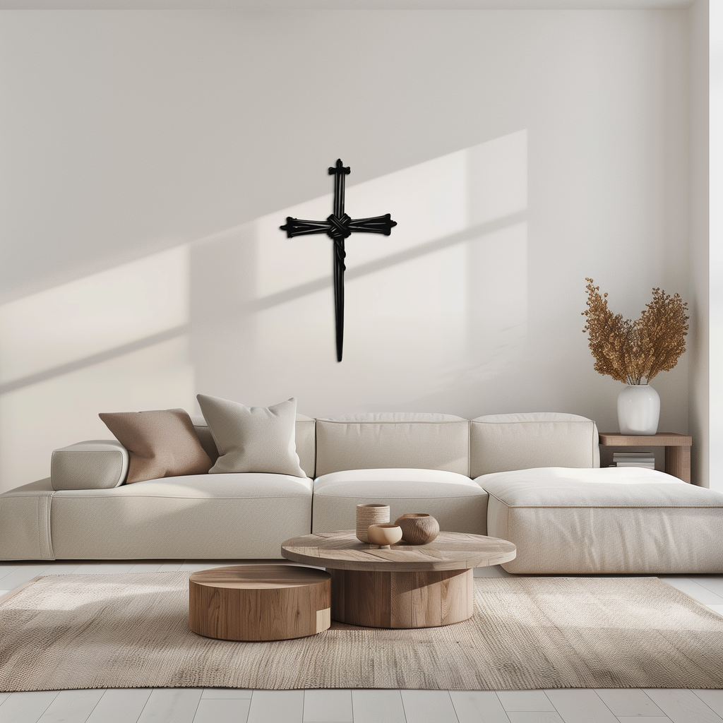 Christian Barbed Wire Cross Metal Wall Art – Religious Rustic Home Decor- KAF553