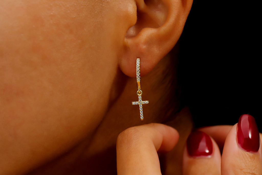 Cross Huggie Hoop Earrings with Dazzling CZ Diamonds