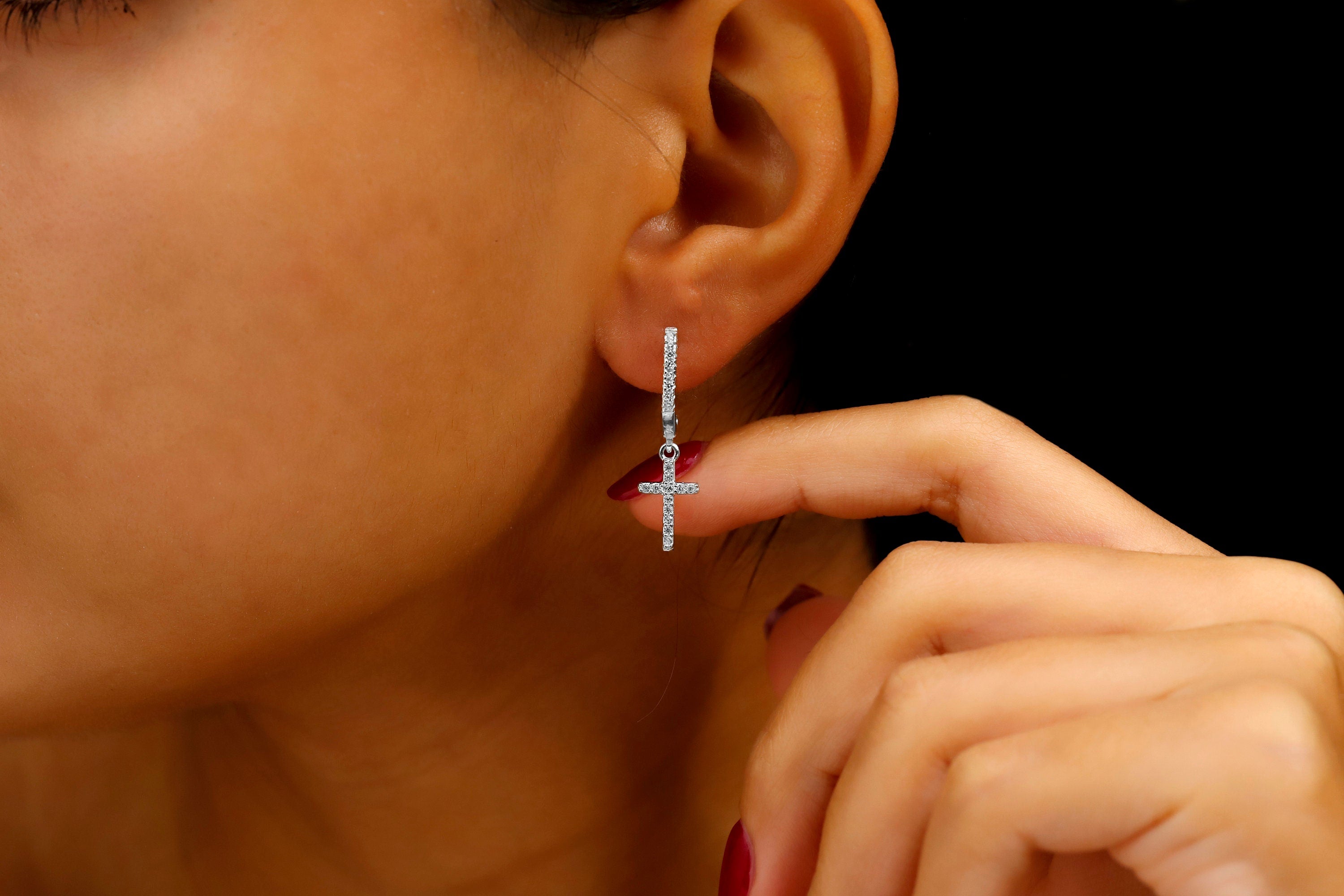Cross Huggie Hoop Earrings with Dazzling CZ Diamonds