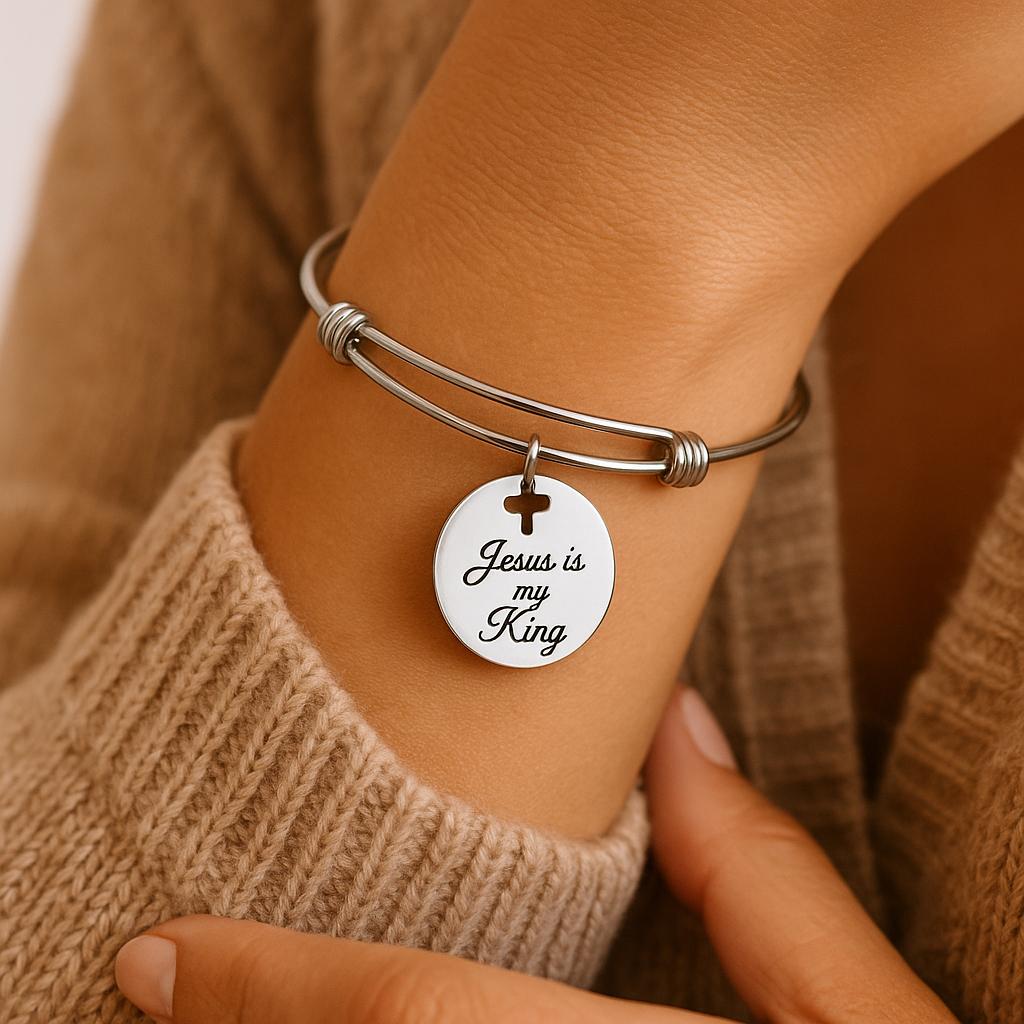 Jesus Is My King Bracelet Stainless Steel Engraved Faith Bangle With Cross Cut Out Christian Jewelry Gift For Women Religious Accessory