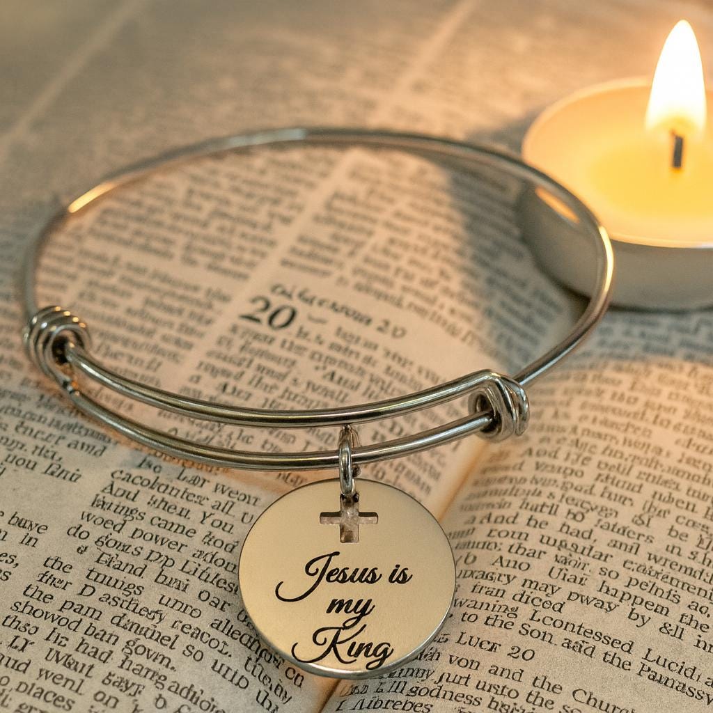 Jesus Is My King Bracelet Stainless Steel Engraved Faith Bangle With Cross Cut Out Christian Jewelry Gift For Women Religious Accessory