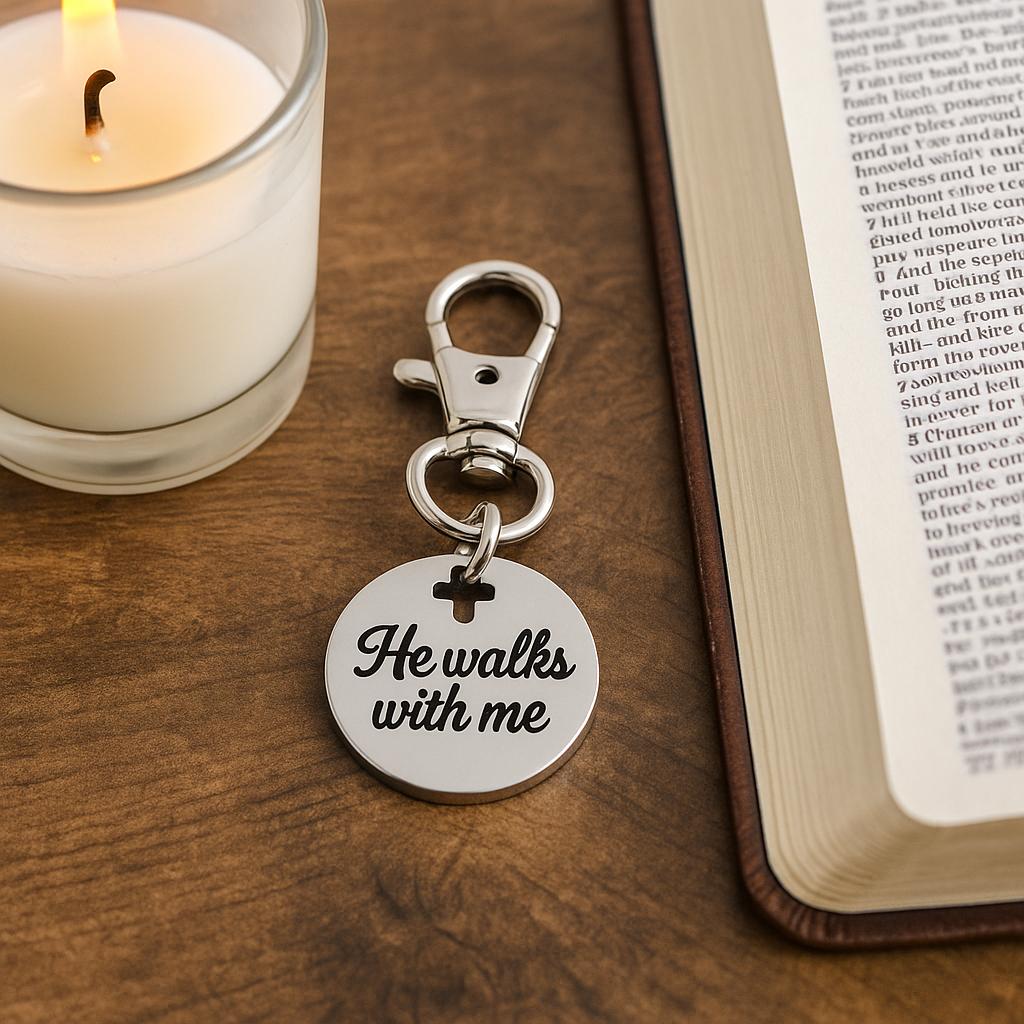 He Walks With Me Stainless Steel Clip On Charm Christian Keychain Purse Charm Faith Gift Religious Accessory Cross Cut Out Engraved