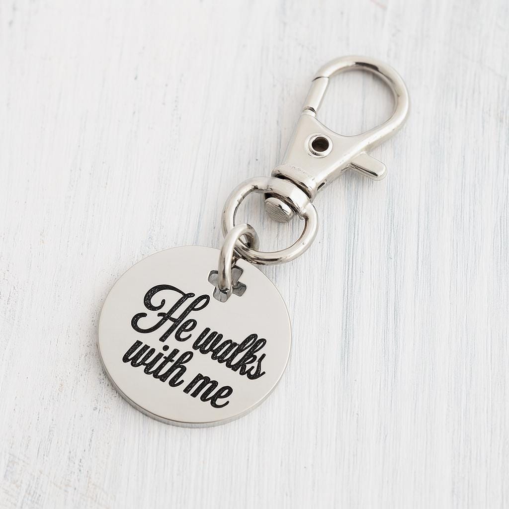 He Walks With Me Stainless Steel Clip On Charm Christian Keychain Purse Charm Faith Gift Religious Accessory Cross Cut Out Engraved